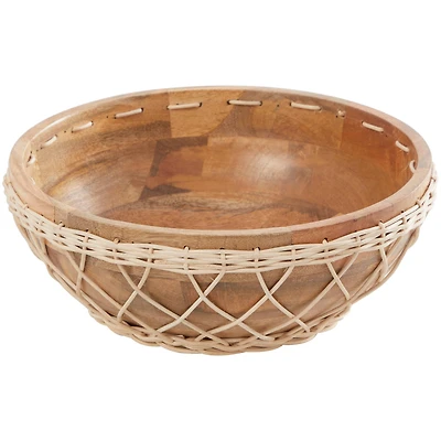 12" Brown Mango Wood Handmade Decorative Bowl with Woven Rope Accents