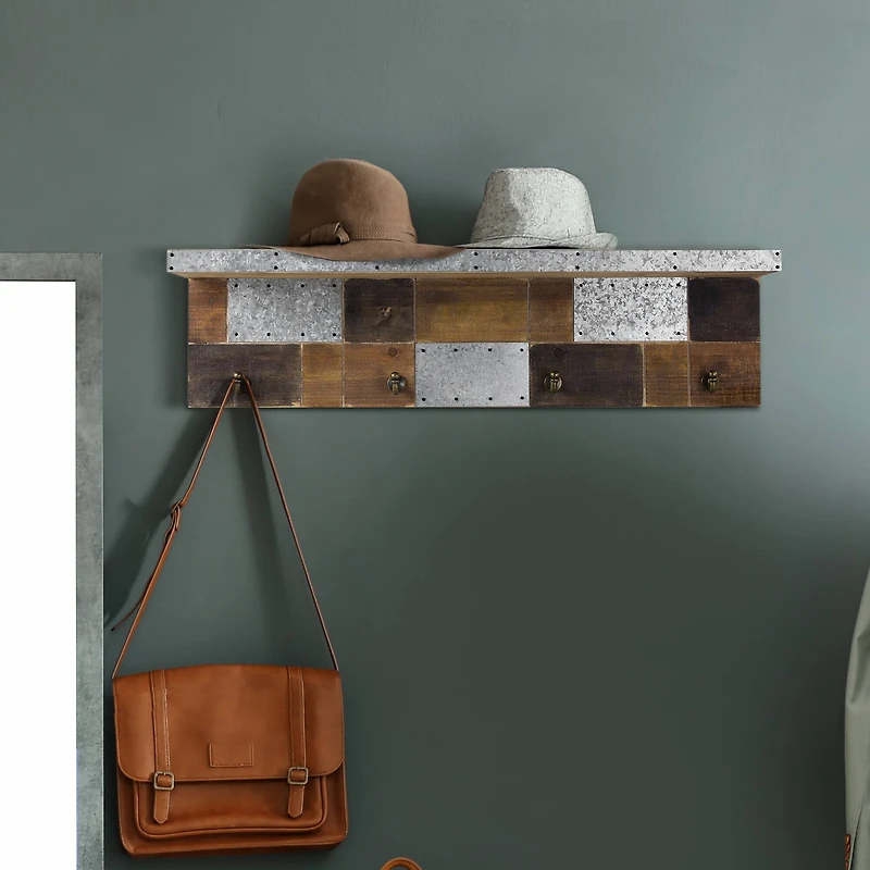 Rustic Wood & Metal Wall Shelf & Coat Rack With Hooks