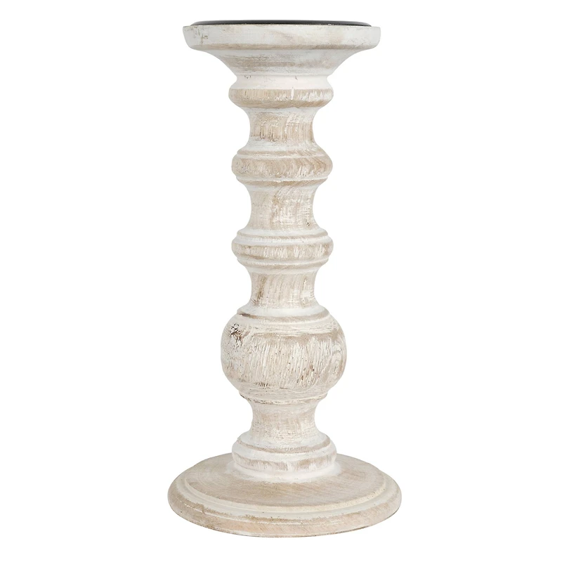 Whitewashed Wood Carved Pillar Candle Holder by Ashland