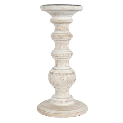 Whitewashed Wood Carved Pillar Candle Holder by Ashland