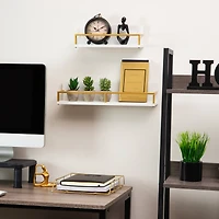 Mind Reader Floating Shelves, Wall-Mounted Office Organizers, Modern MDF Display Storage with Metal Rail, Metal. MDF, Set of 2, White