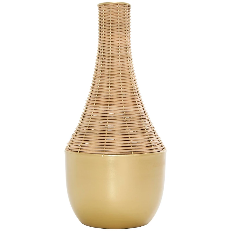 15" Brown & Gold Rattan Handmade Woven Vase
