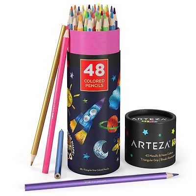 Arteza® Kids Colored Triangular Pencils,  Metallic and Neon Colors, set of 48 pcs