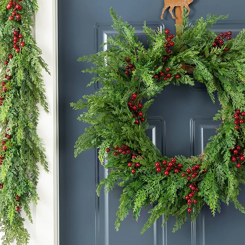 Glitzhome® 24"D Christmas Greenery PE Cedar Wreath with Red Berries