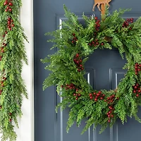 Glitzhome® 24"D Christmas Greenery PE Cedar Wreath with Red Berries