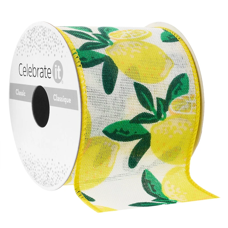 2.5" x 3yd. Wired Yellow Lemon Faux Linen Ribbon by Celebrate It®