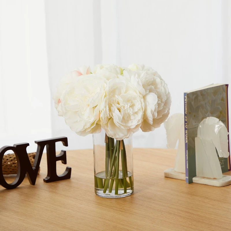 11" White Peony Bouquet in Glass Vase