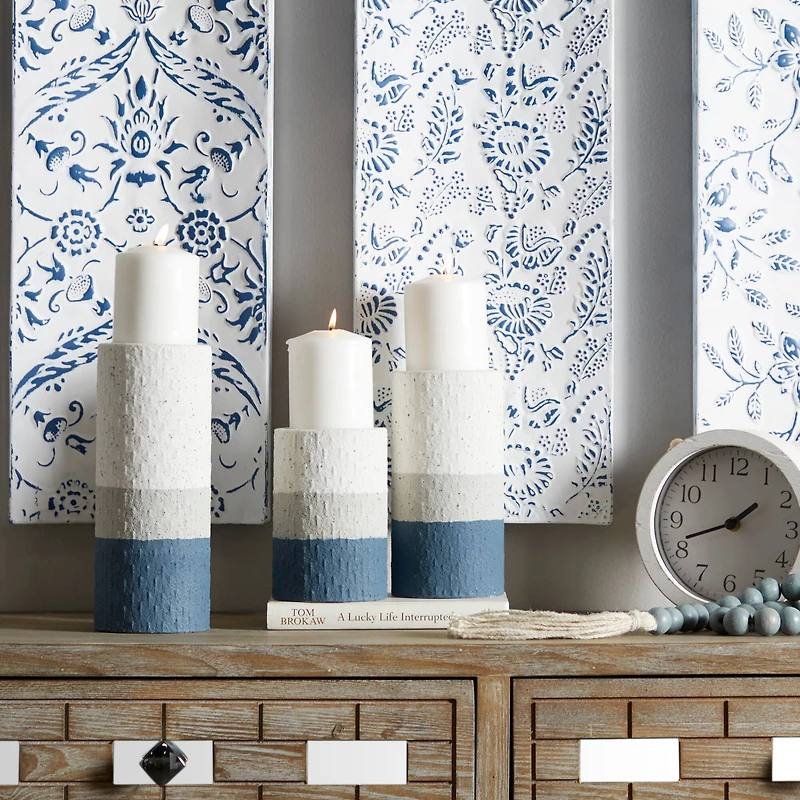 The Novogratz Blue Metal Striped Pillar Candle Holder Set