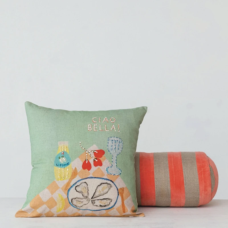 Hello Honey® Pink & Gray Stripes Cotton Velvet & Jute Bolster Pillow