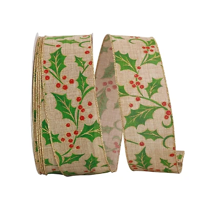 JAM Paper 2.5" x 50yd. x 50yd. Linen Wired Natural Holly Ribbon
