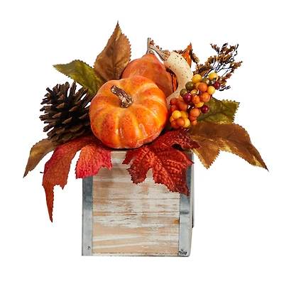 8" Pumpkin, Gourd, Berries & Pinecones Autumn Arrangement In Natural Washed Vase