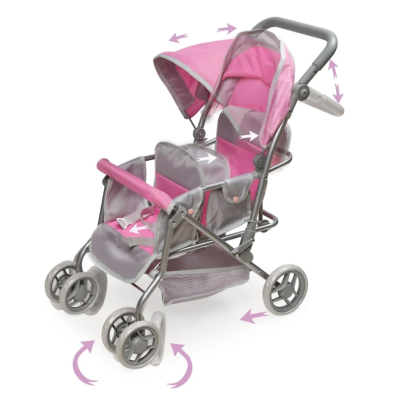 Badger Basket Gray & Pink Cruise Folding Inline Double Doll Stroller