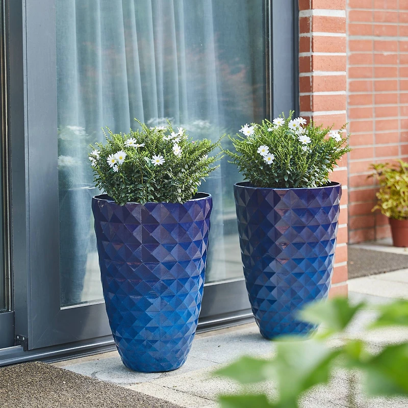 Glitzhome® Eco-Friendly Oversized Faux Cobalt Blue Ceramic Tall Bowl Plastic Pot Planter Set