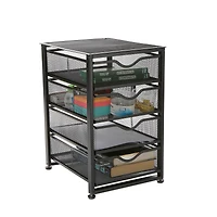 Mind Reader Black Metal Rolling Mesh Office Cart 4-Tiered Drawer Utility Storage Cabinet