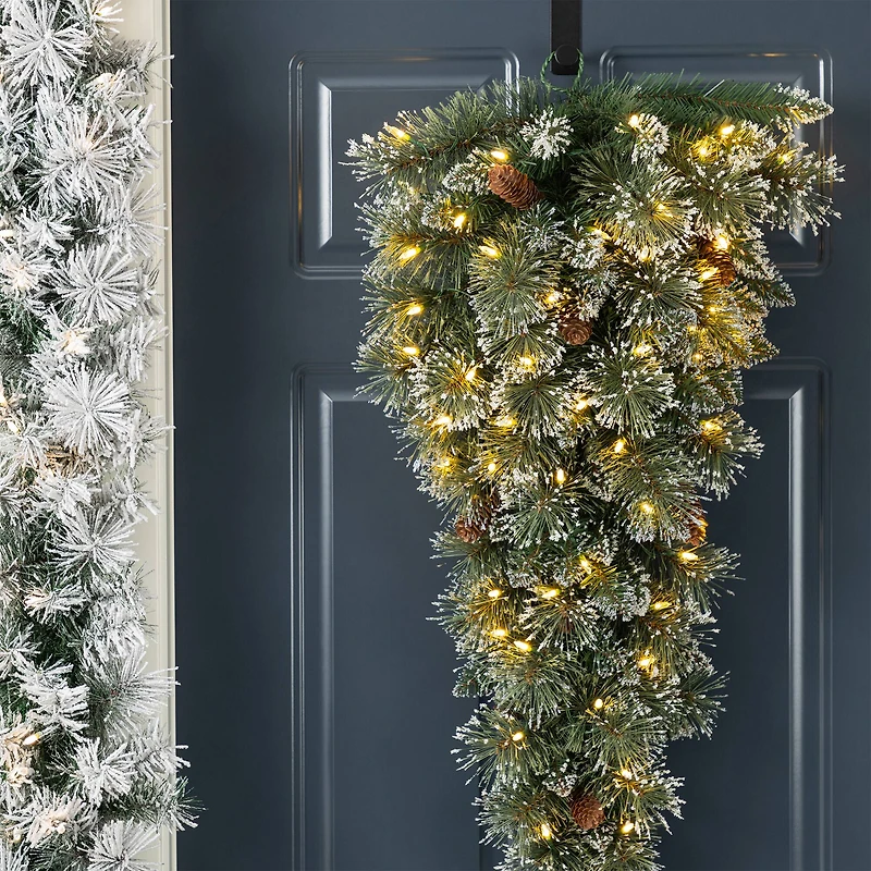 Glitzhome® 3ft Pre-Lit Frosted Greenery Pinecones Christmas Teardrop, LED Lights and Timer