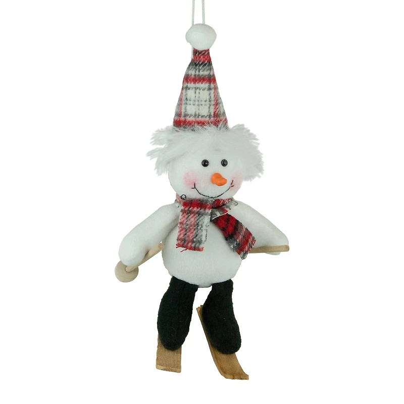 Skiing Snowman with Plaid Santa Hat and Matching Scarf Christmas Ornament - 12"