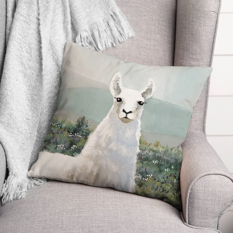 White Llama in Pasture 18" x 18" Throw Pillow