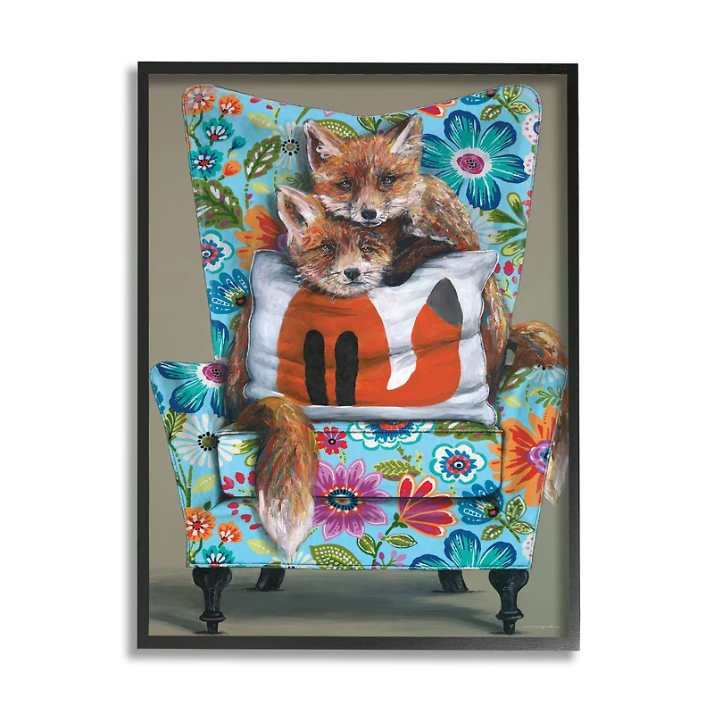 Stupell Industries Red Fox Pair Sitting Chair Spring Floral Pattern Framed Wall Art