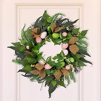 22" Easter Egg & Burlap Ribbon Mixed Foliage Twig Wreath