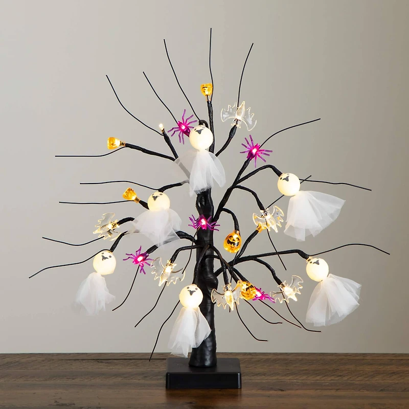 18in. Pre-Lit Artificial Halloween Ghost Dolls, Spiders, Bats & Pumpkins 24 LED Lighted Ornament Tree