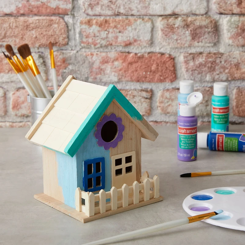 8 Pack: 7" Wood Birdhouse with Fence by Make Market®