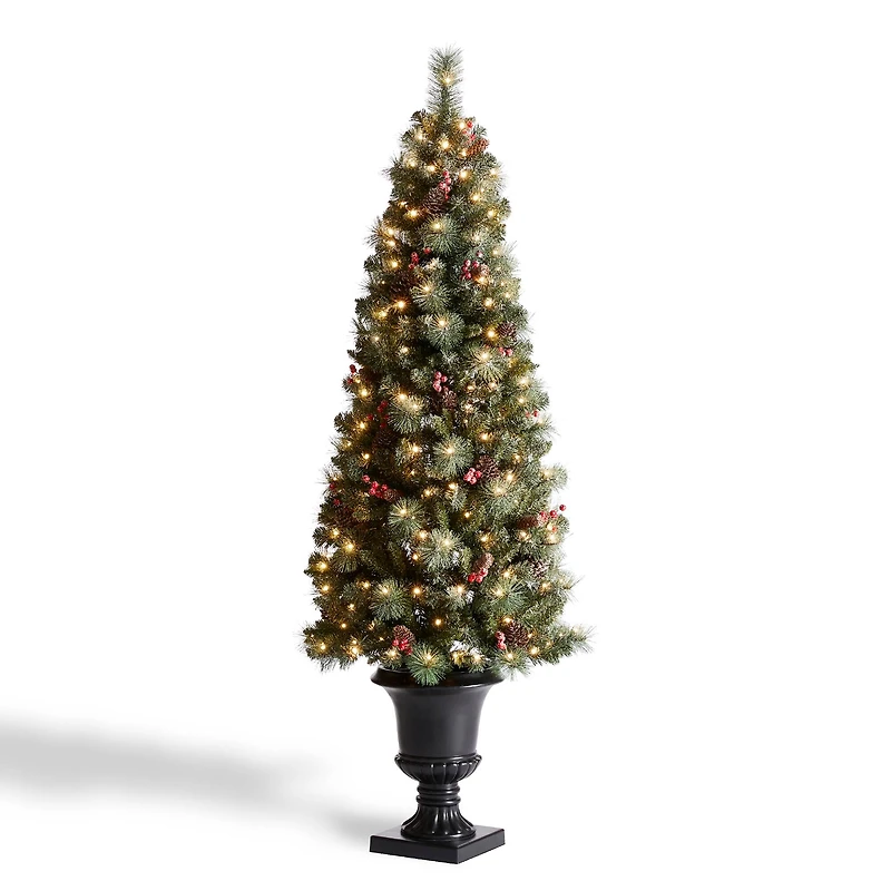 6ft. Pre-Lit Frosted Pinecones & Red Berries Artificial Christmas Porch Tree, Warm White LED Lights