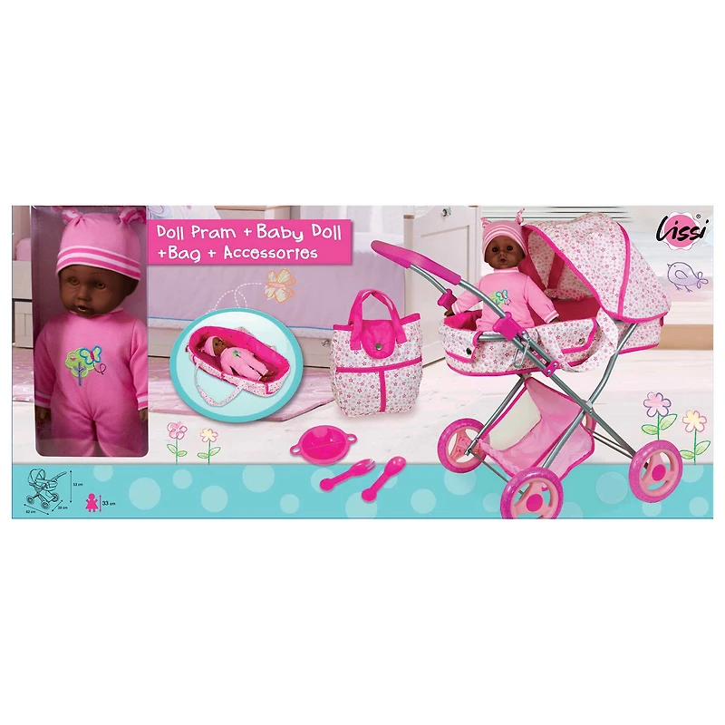 Lissi Dolls Deluxe Doll Pram with 13" African American Baby Doll