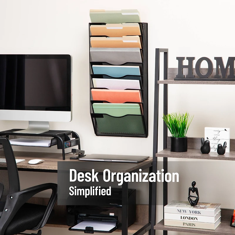 Mind Reader Wall File Organizer, 8 Pocket Hanging Document Rack, Office Wall Mount, Metal Mesh