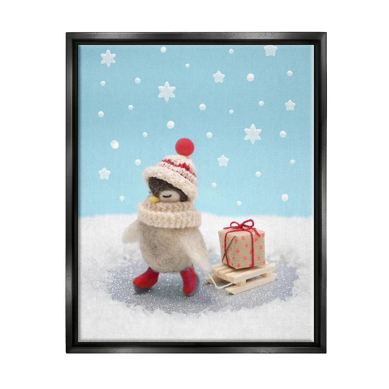 Stupell Industries Penguin Christmas Present Sled Framed Floater Canvas Wall Art