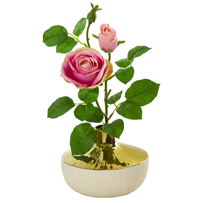 16" Rose Artificial Arrangement in Gold and Cream Elegant Vase