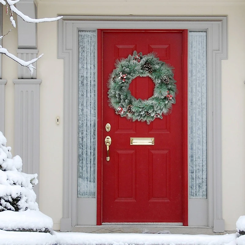 24" Glitter Pine, Cones & Red Berries Wreath