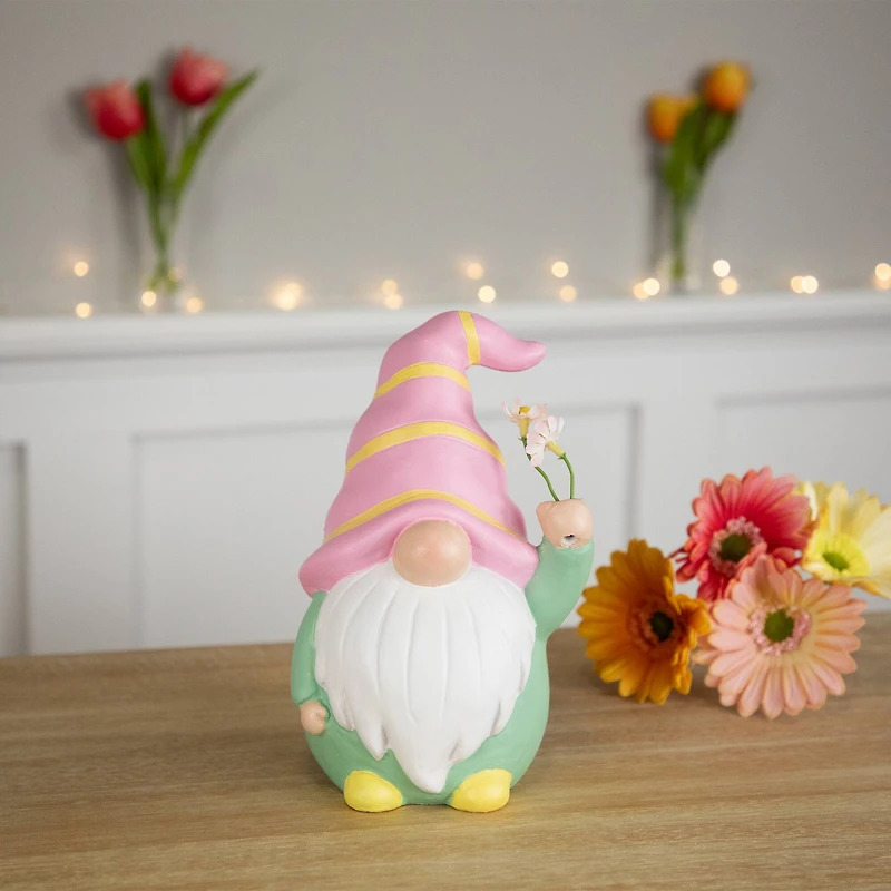 8" Pink & Green Gnome Holding Flowers Spring Figurine