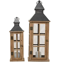 Brown Wood Lighthouse Style Candle Lantern Set