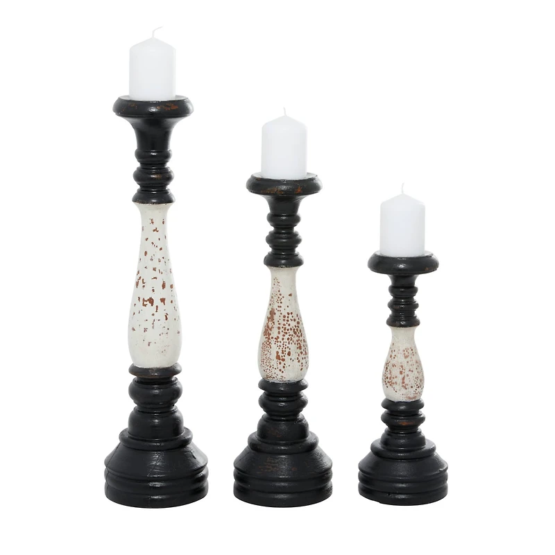 16" Black & White Wood Farmhouse Candlestick Holder Set