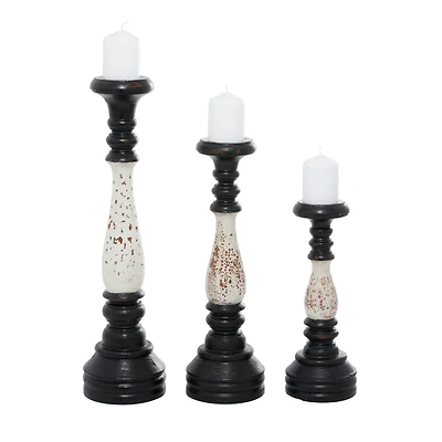 16" Black & White Wood Farmhouse Candlestick Holder Set