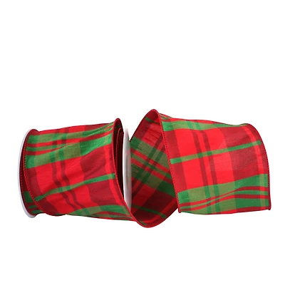 JAM Paper 4" x 10yd. Red & Green Wired Dupioni Plaid Classic Ribbon