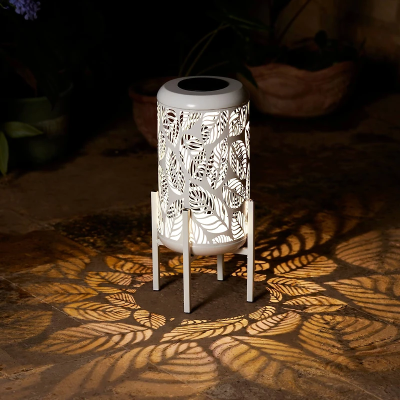 Glitzhome® 14.25" White Metal Cutout Leaves Pattern Solar Powered LED Outdoor Lantern