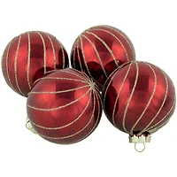 4ct. 3" Burgundy Red and Gold Glitter Striped Glass Christmas Ball Ornaments
