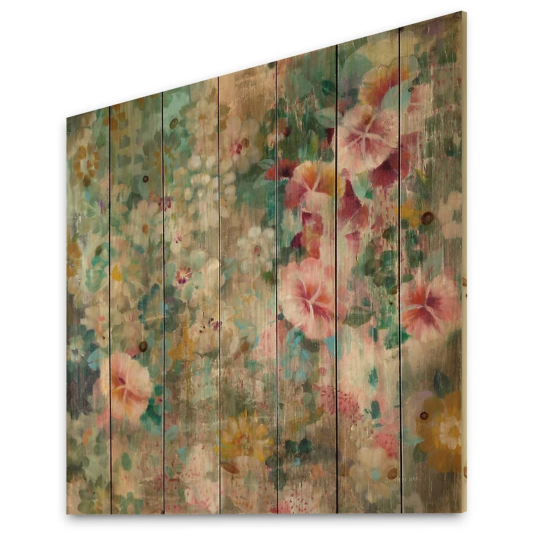 Designart - Flower Shower III - Farmhouse Print on Natural Pine Wood