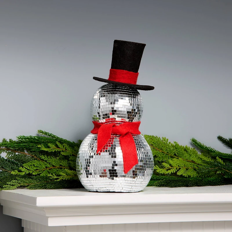 12" Disco Ball Snowman with Red Scarf