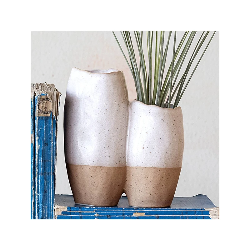 Hello Honey® 6.25" White & Beige 2-Tone Stoneware Vase with Reactive Glaze