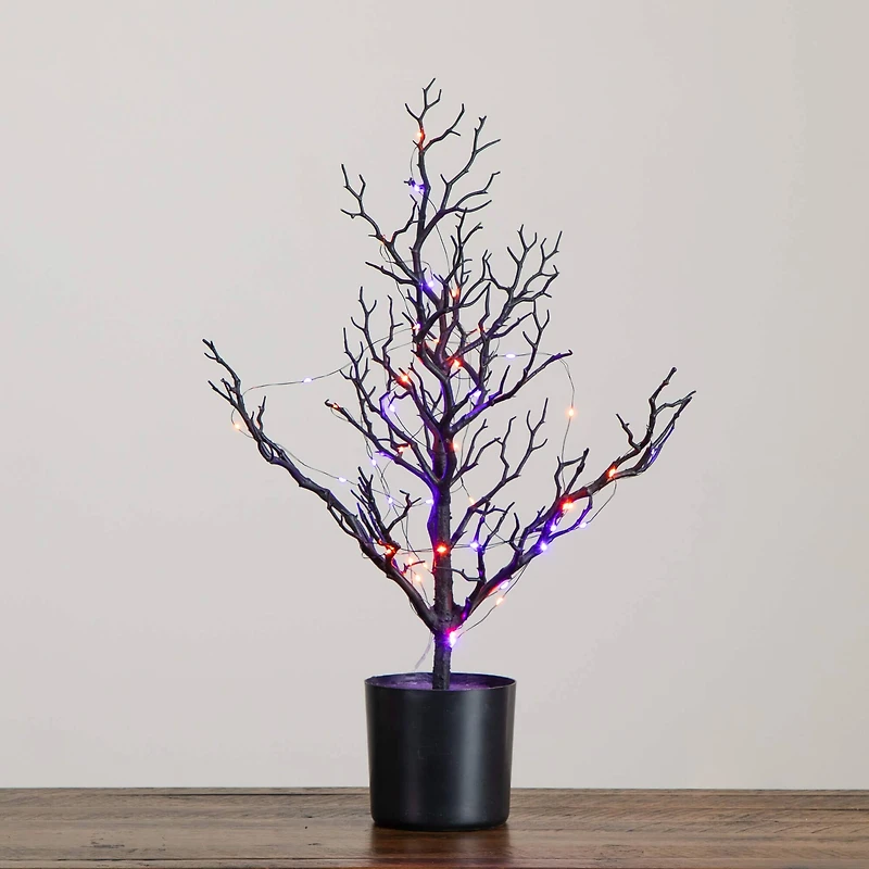 2ft. Pre-Lit Artificial Halloween Black Spooky Twig Tree with 60 Orange & Purple Copper Wire String LED Lights
