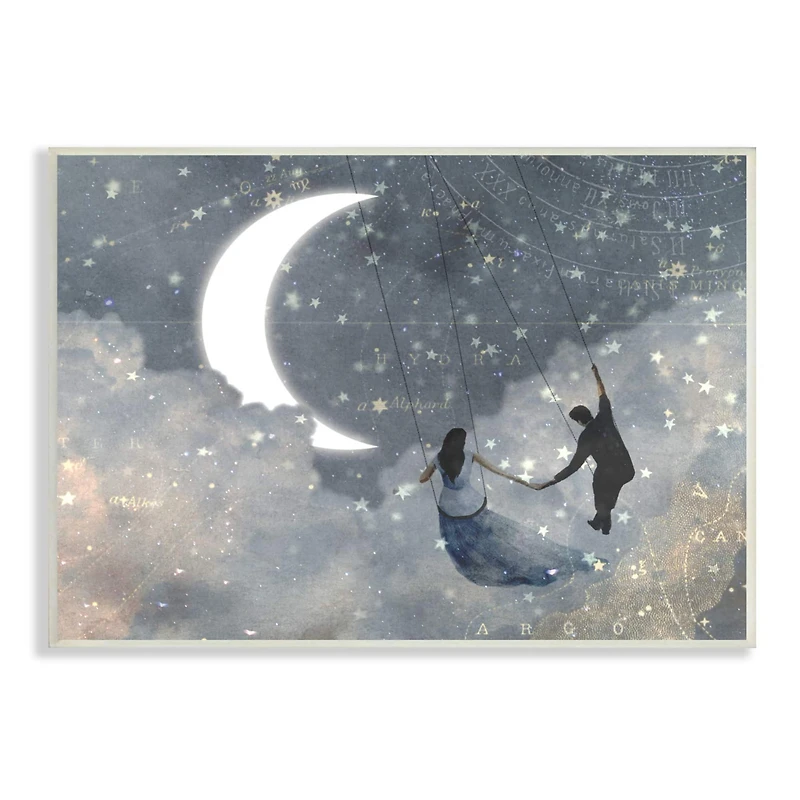 Stupell Industries Grey and Blue Celestial Love Sky Swinging by the Crescent Moon and Stars Wood Wall Plaque