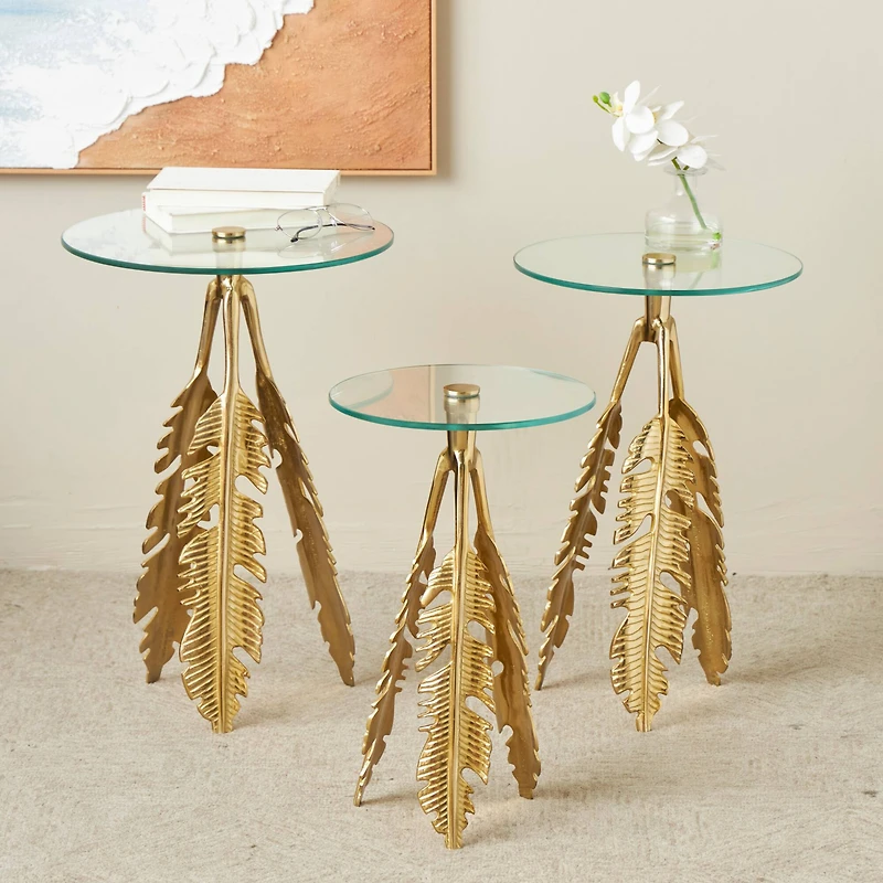 Gold Aluminum Metal Leaf Accent Table Set
