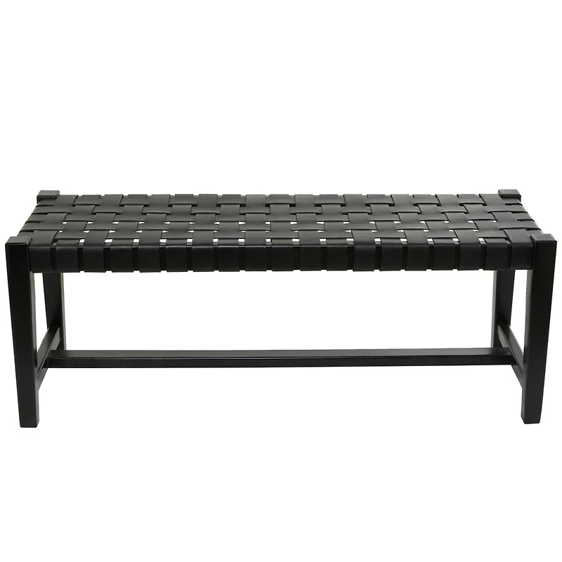 47" Black Leather Handmade Woven Seat Bench