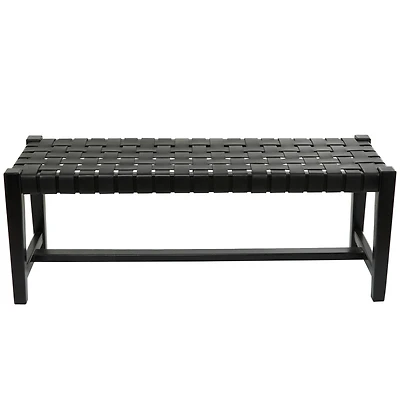 47" Black Leather Handmade Woven Seat Bench