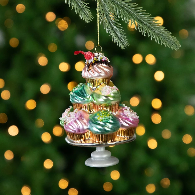 Pink & Blue Cupcake Tower Glass Christmas Ornament