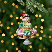Pink & Blue Cupcake Tower Glass Christmas Ornament