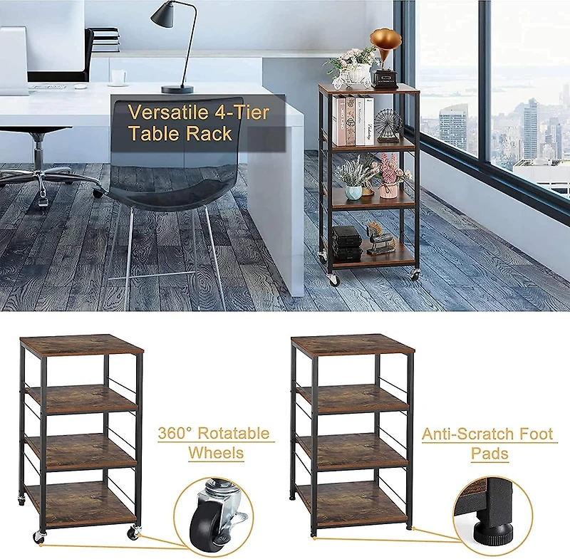 Rustic Brown 4-Tier Utility Cart Rolling Kitchen Storage Cart Wood Top