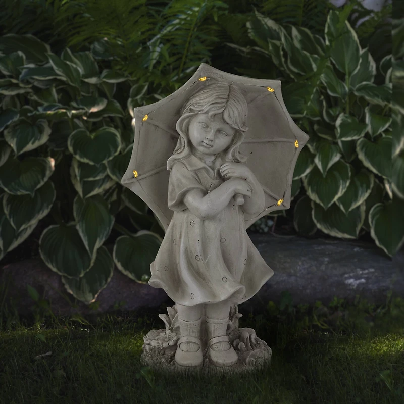 18" Solar LED-Lit Girl with Umbrella Outdoor Garden Statue